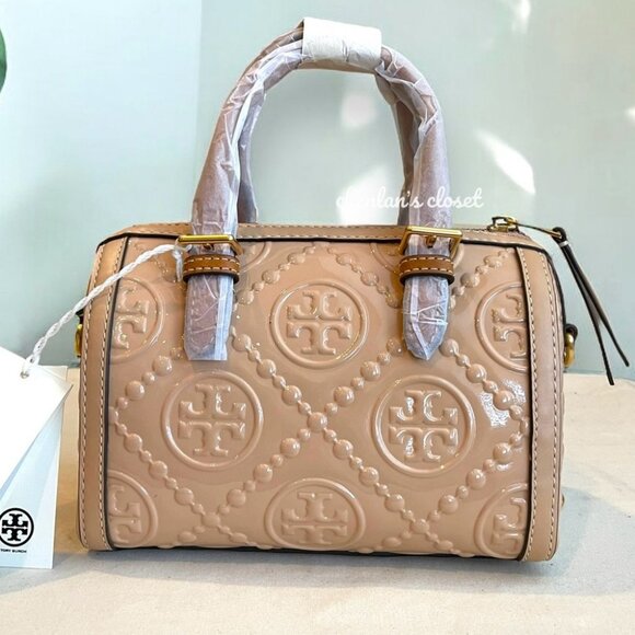🔥NeW! Tory Burch T MONOGRAM PATENT EMBOSSED PETITE BARREL BAG - Picture 5 of 11